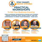 Infographic for free business workshops in East Sussex with photos of four male speakers and event details.