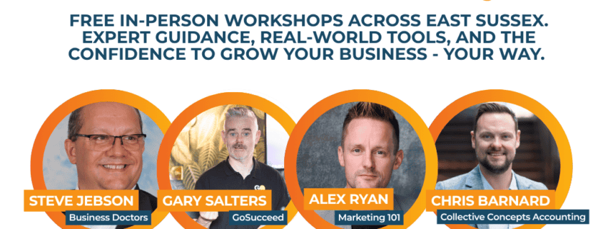 Infographic for free business workshops in East Sussex with photos of four male speakers and event details.