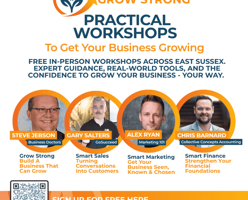 Infographic for free business workshops in East Sussex with photos of four male speakers and event details.