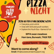 Colourful flyer for a free pizza night event on 28 May at 6:30 pm in Burwash, with games and limited places.